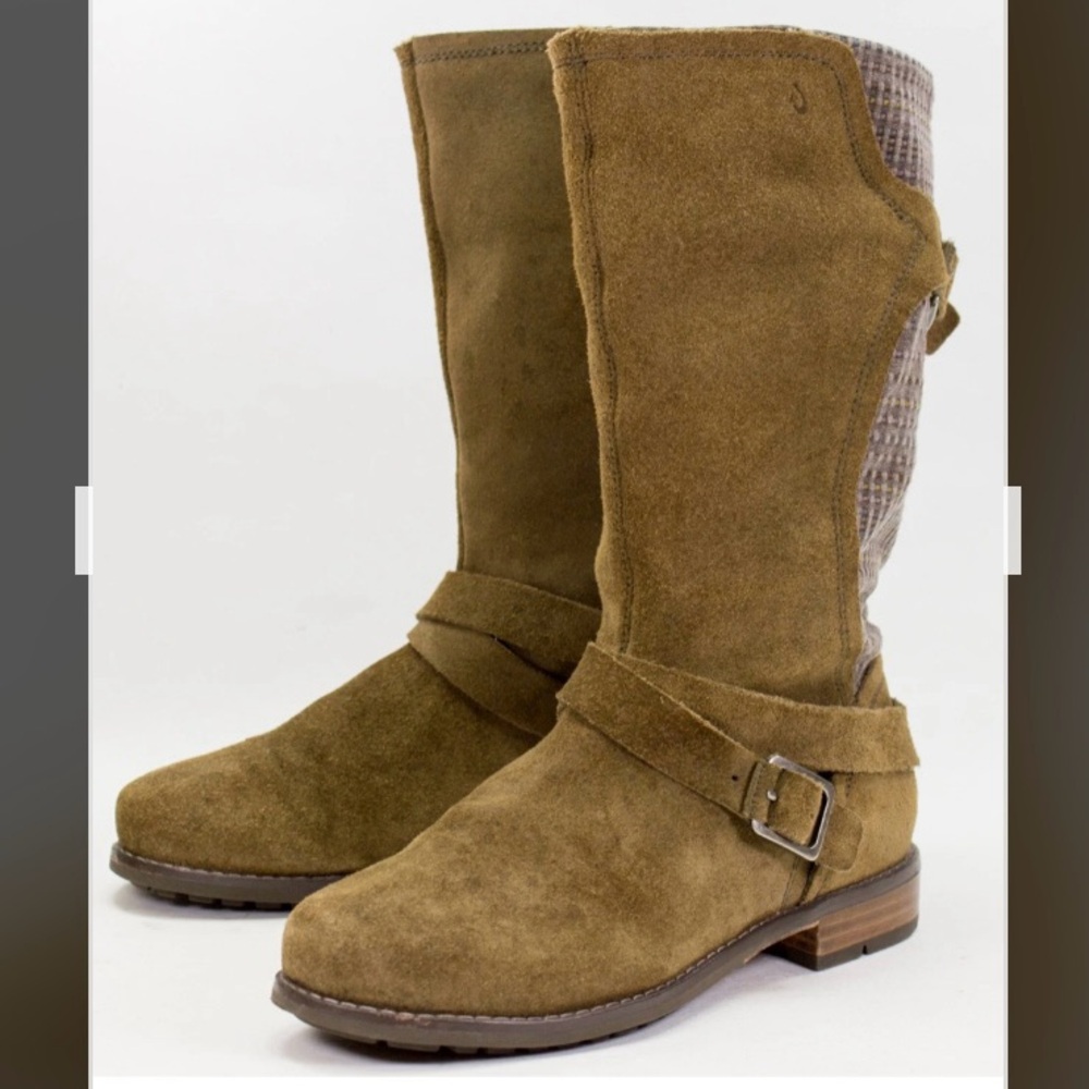 Olukai Pa ia Mid Womens Sz US 7 Olive Brown Leather Calf Boots Buckle Strap Moto